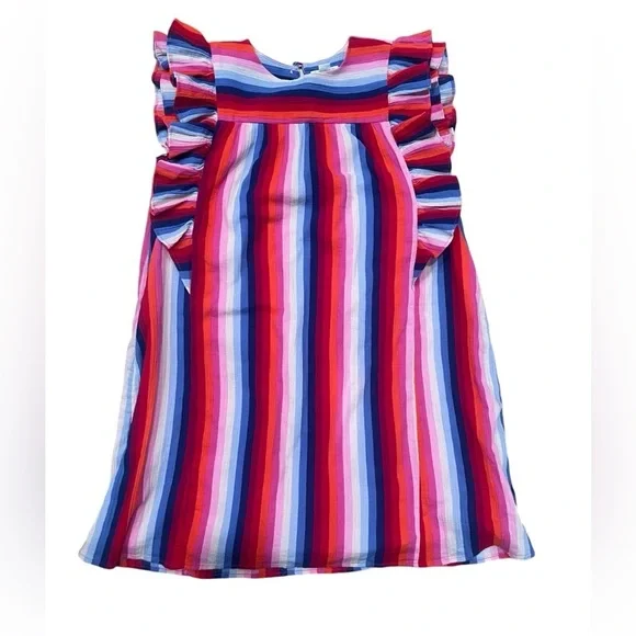 J. Crew Crew Cuts Girls' Ruffle-Trimmed Dress in Bright Stripe Red Blue- 10 - Picture 1 of 7